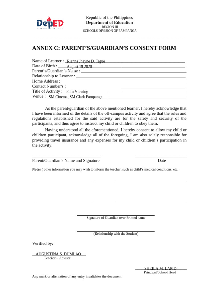 6.a Parental Consent | PDF | Human Development | Social Institutions