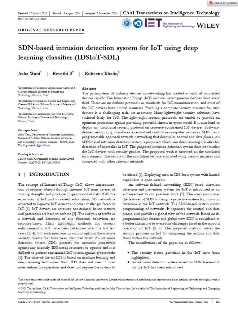 SDN Based Intrusion Detection System for IoT Using Deep Learning | PDF ...