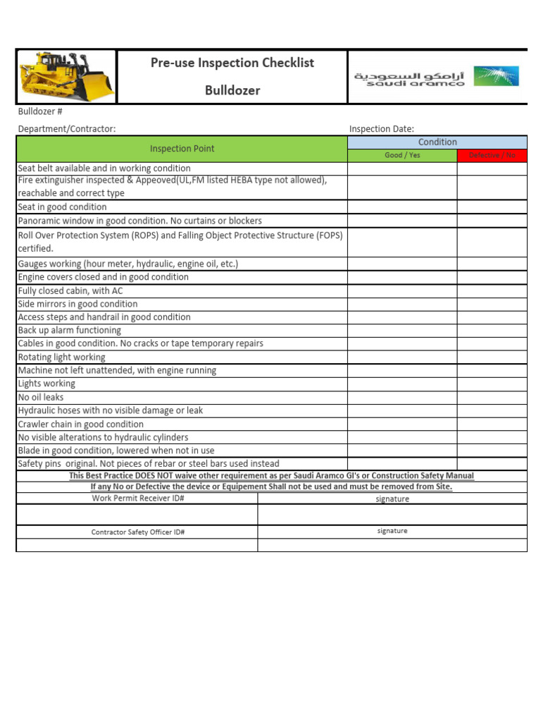 Bulldozer Checklist | PDF