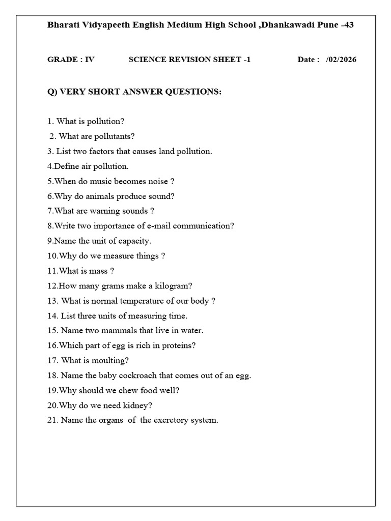 Grade IV Science Worksheet 1 | PDF