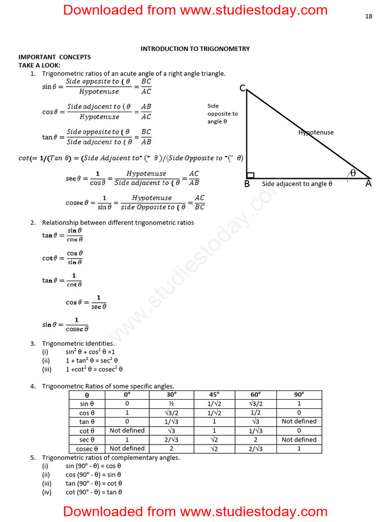 CBSE Class 10 Mathematics Trigonometry Worksheet Set D | PDF ...