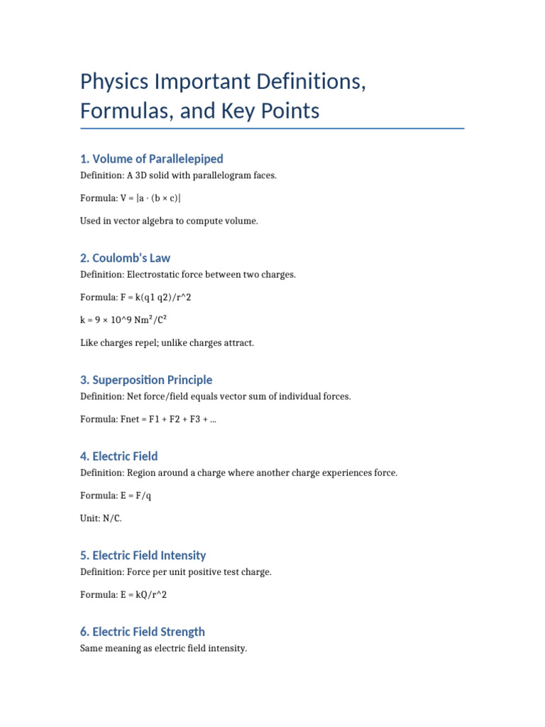 Physics Definitions Formulas Word | PDF
