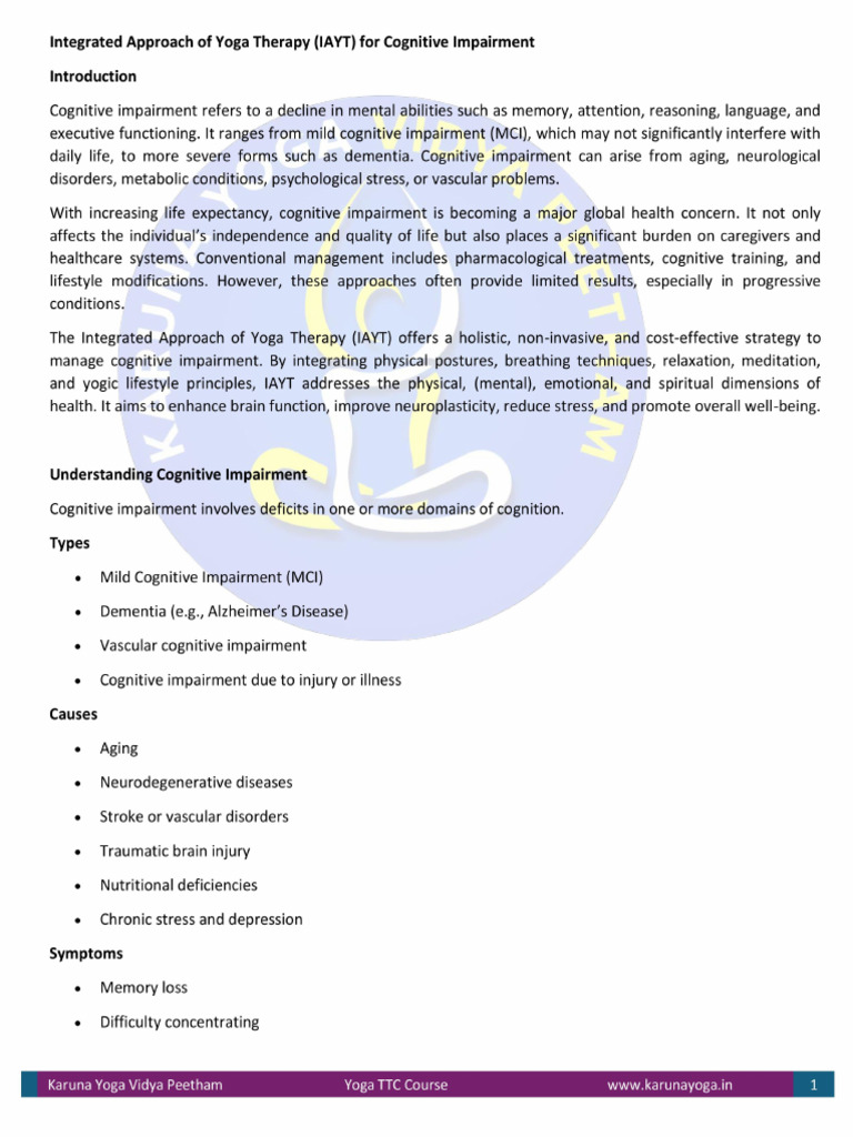 Integrated Approach of Yoga Therapy (IAYT) for Cognitive Impairment | PDF