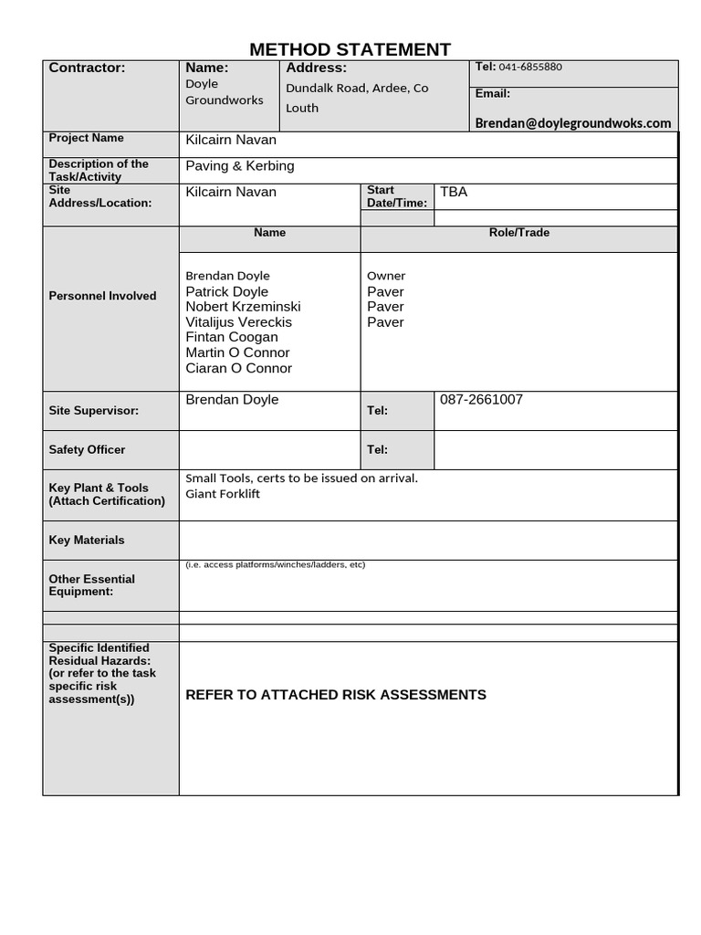Doyle Groundworks Method Statement REV 01 | PDF | Occupational Safety ...