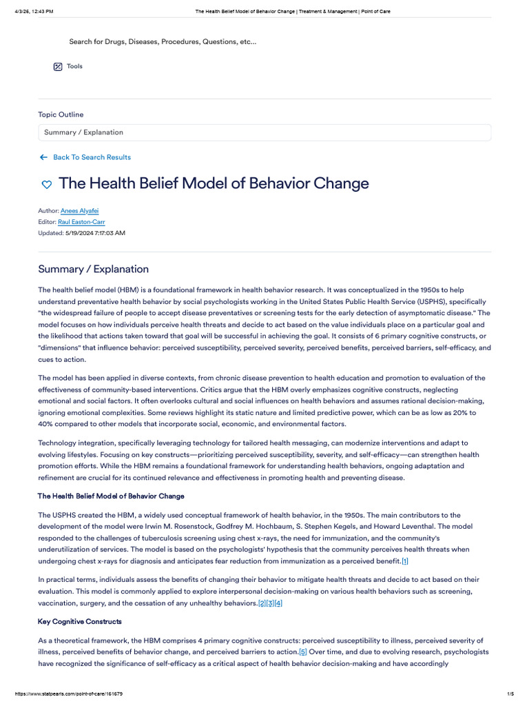 The Health Belief Model of Behavior Change - Treatment & Management ...