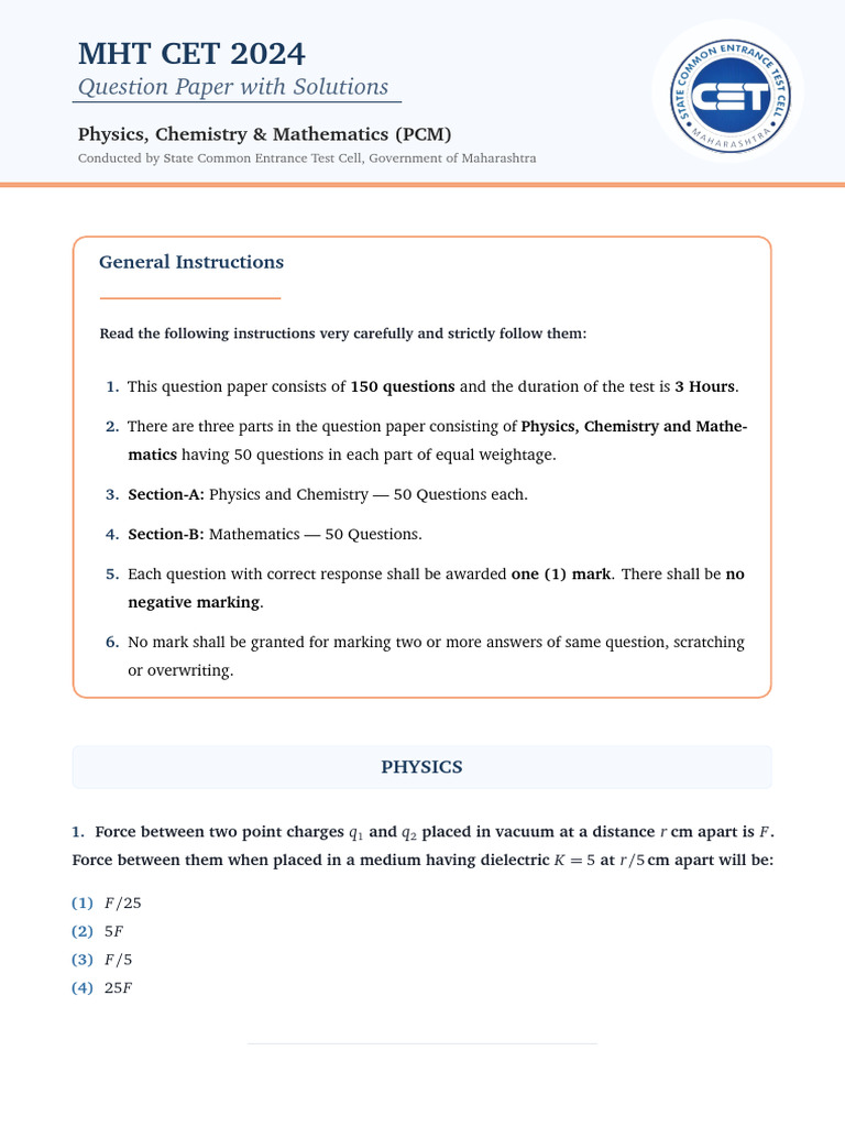 MHT CET 2024 Question Paper e3ed2d3d624e937c75d040c6a4ba3ecc | PDF ...