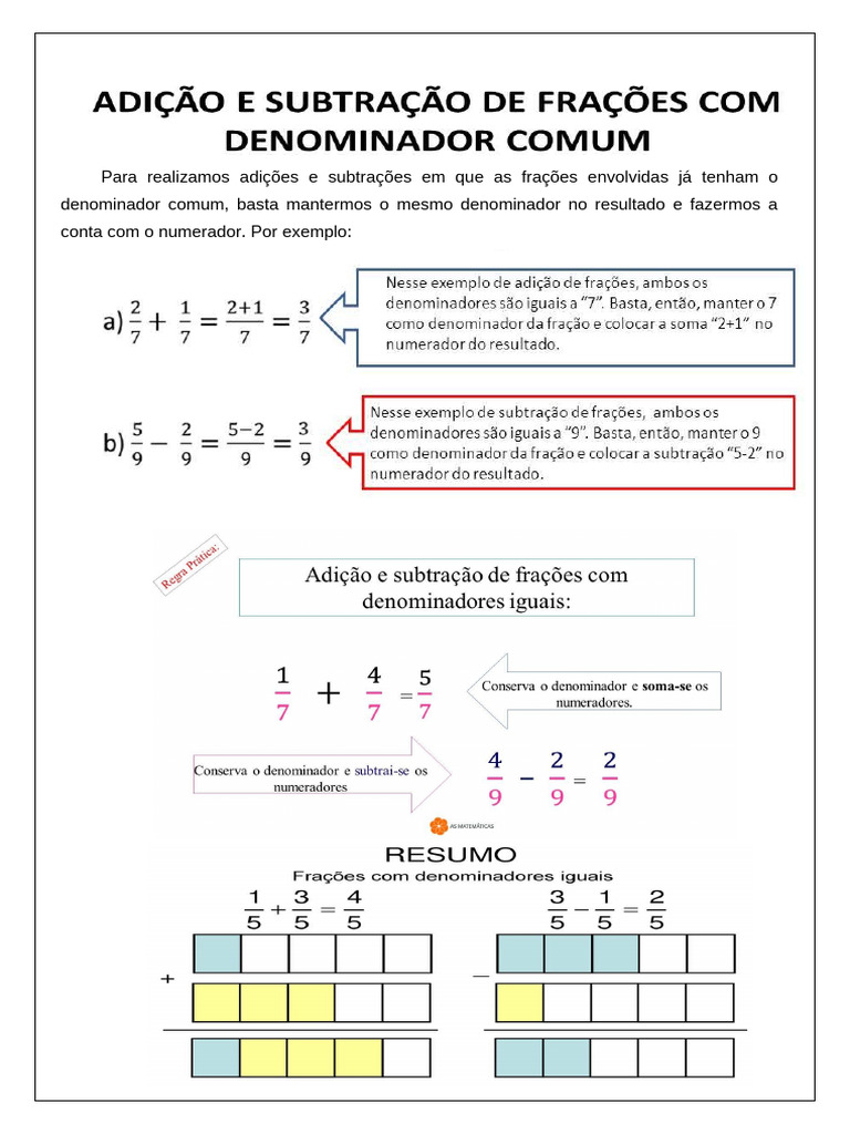 Adição e Subtração de Fração Mesmo Denominador | PDF