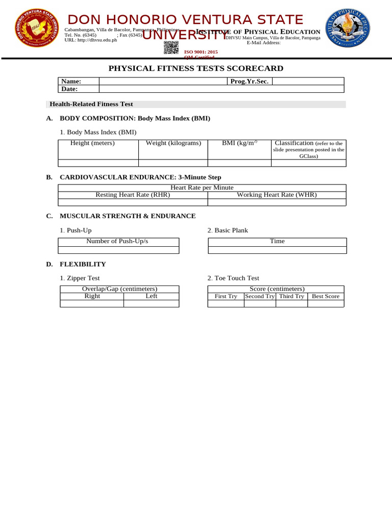HRF Revised Physical Fitness Test Score Card | PDF