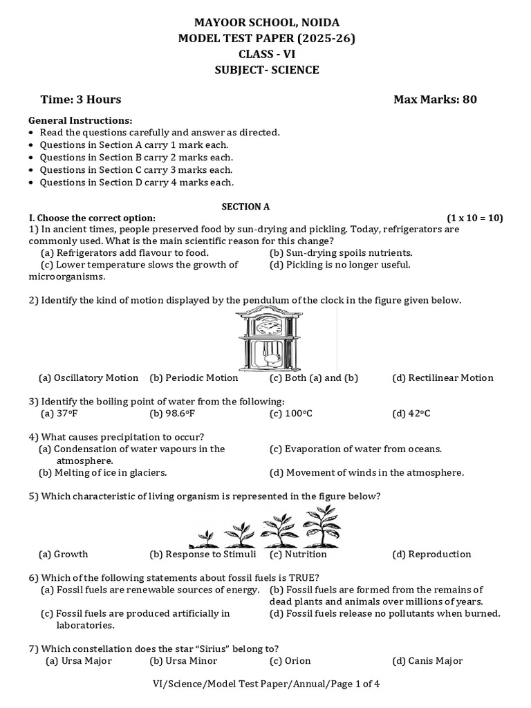 Class VI Science Model Test Paper | PDF | Water | Water Vapor