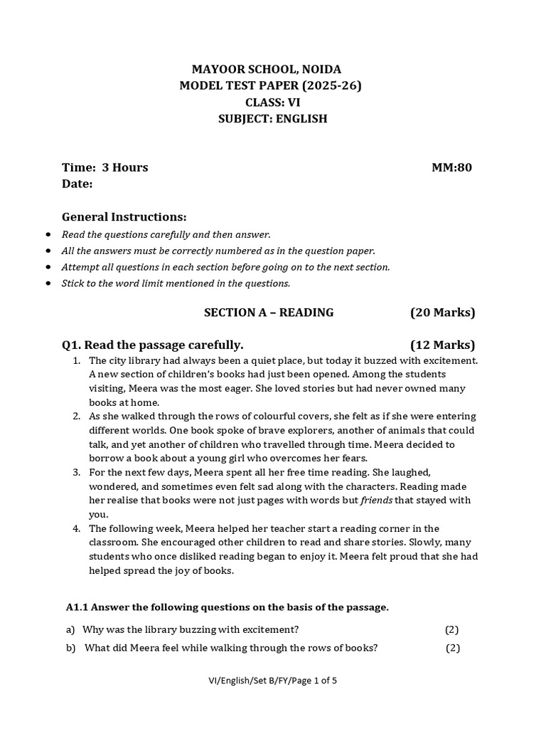 CLASS VI English Model Test Paper | PDF | Linguistics | Grammar