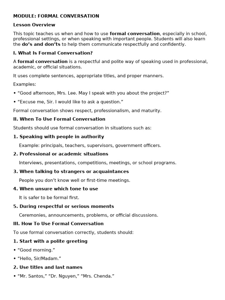Module 4 Formal Conversation | PDF | Body Language | Conversation