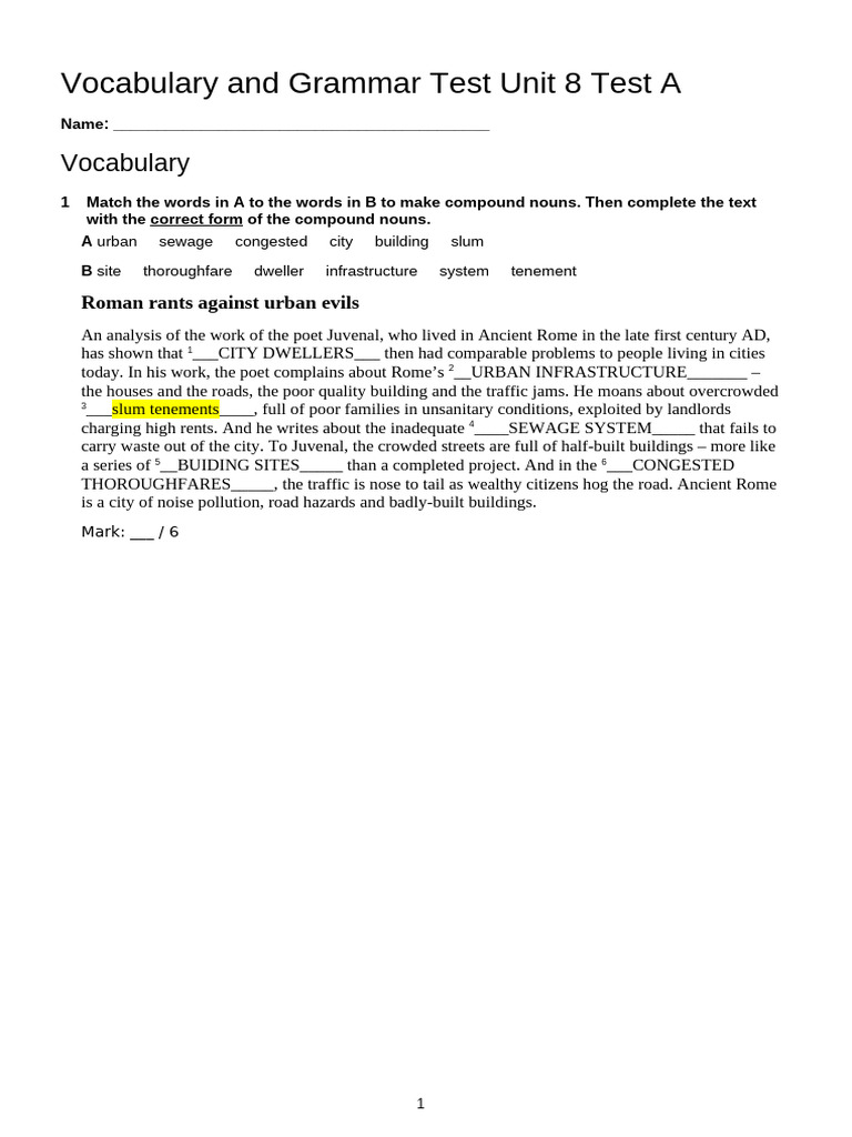 Vocabulary & Grammar Test Unit 8 Test A | PDF | Slum