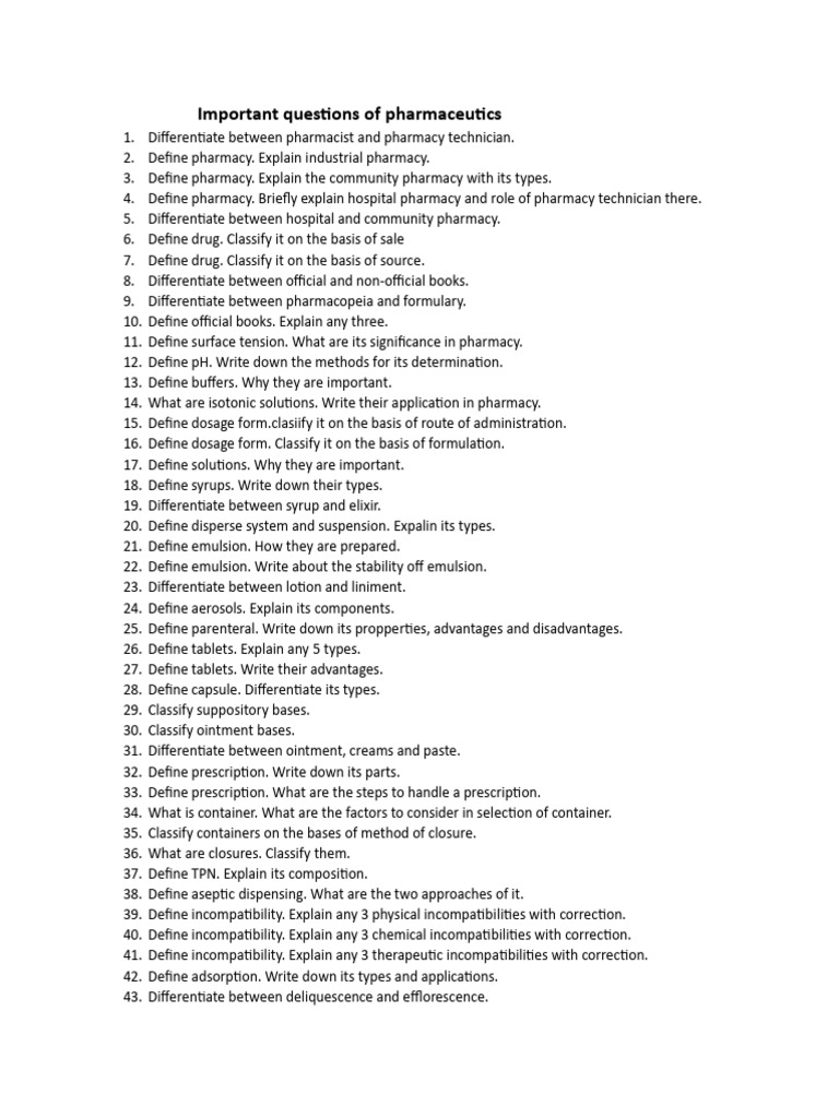 Important Pharmaceutics Questions | PDF | Pharmacy | Topical Medication