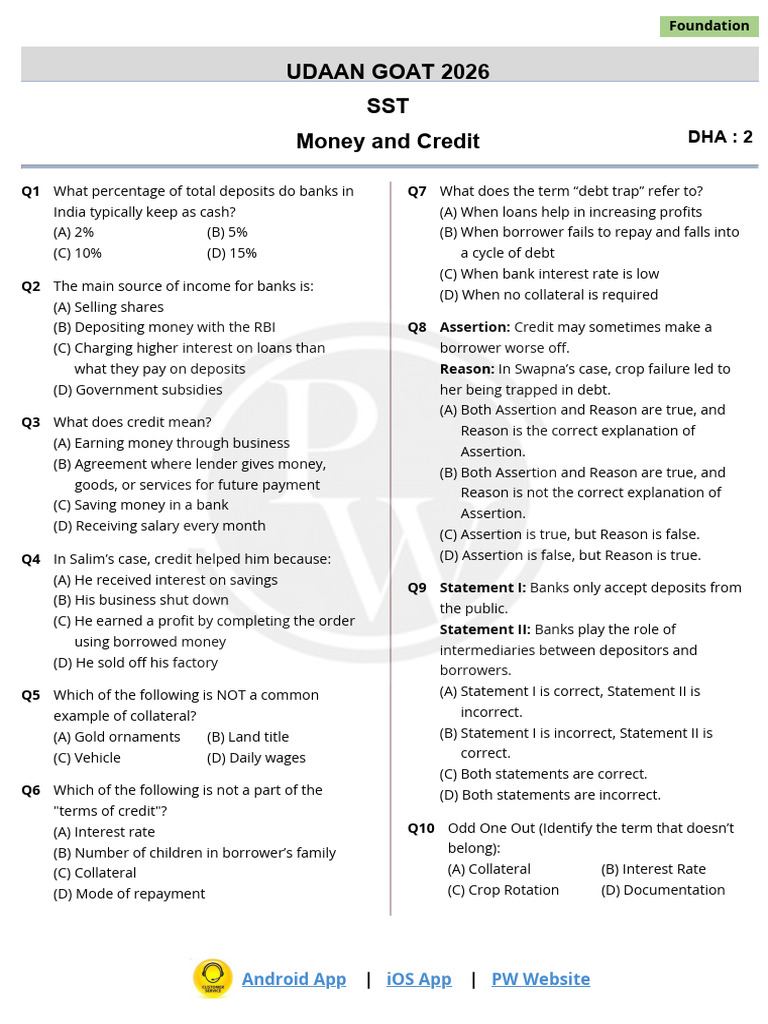 Economics - Money and Credit DHA 02 Udaan GOAT 2026 | PDF | Credit ...