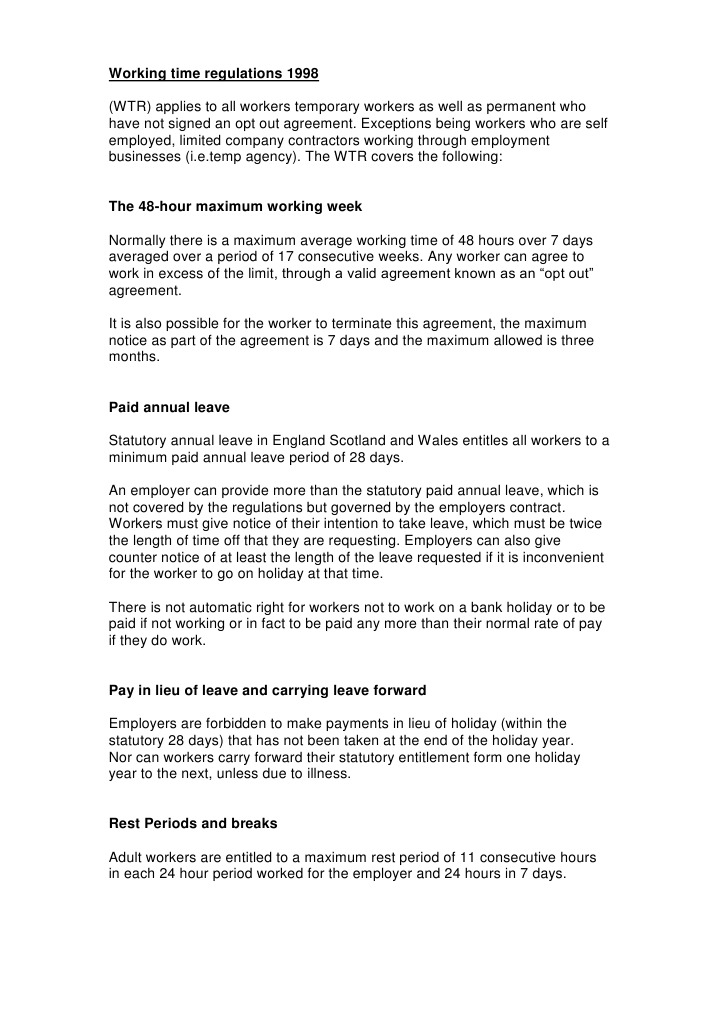 Overview of Working Time Regulations 1998 | PDF | Working Time | Employment