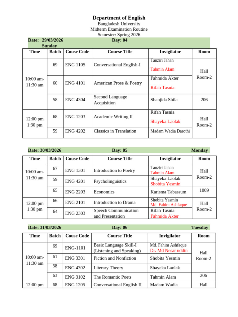 Updated Midterm Exam Routine Spring 2026 | PDF | Linguistics ...