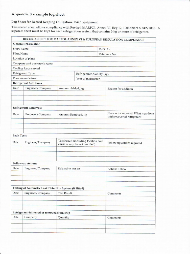 Appendix 3 - Sample Log Sheet | PDF