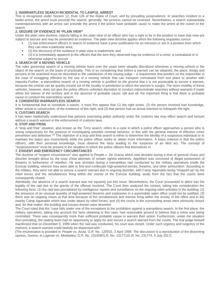 Valid Warrantless Searches in the Philippines | PDF | Search Warrant ...