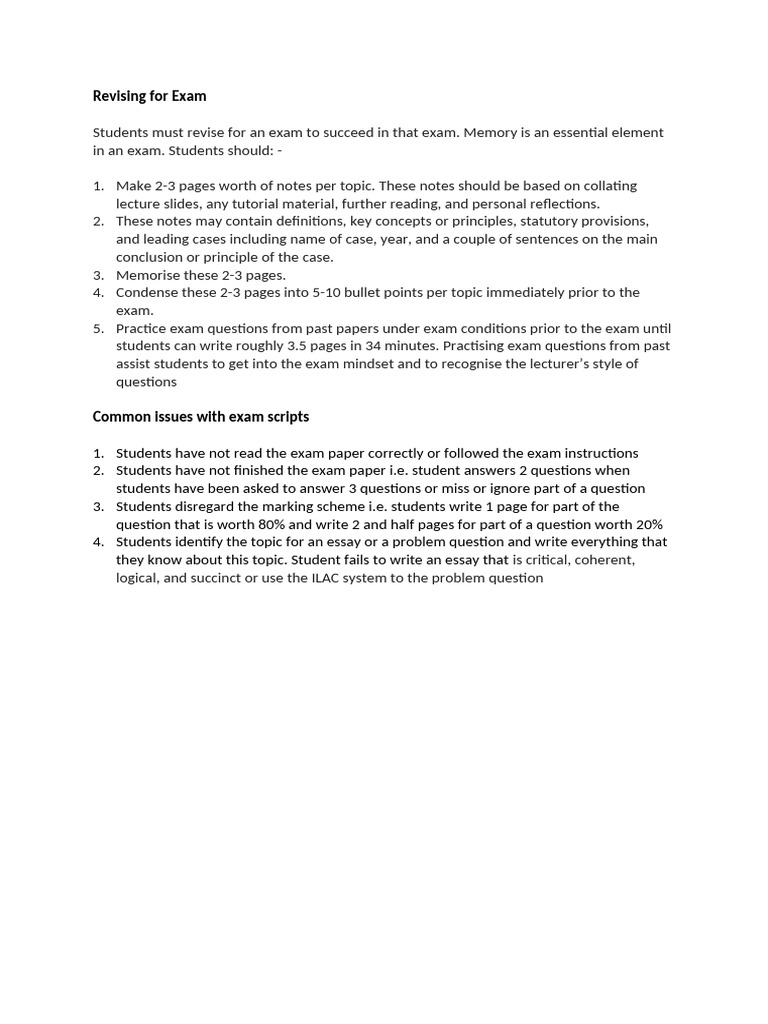 1. Revising for Exam Guidance Sheet | PDF