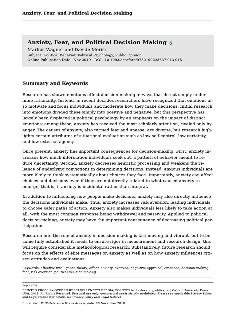 Anxiety, Fear, And Political Decision Making | PDF | Emotions | Anxiety