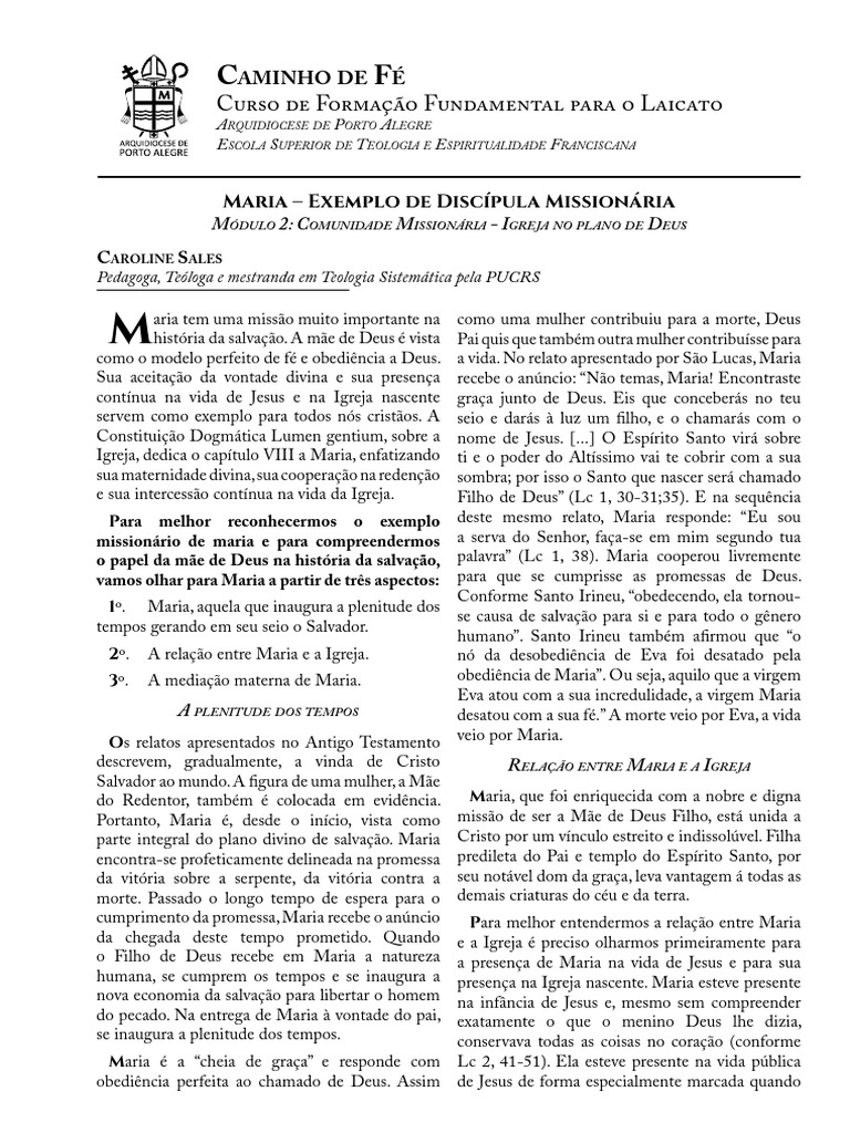 Módulo 2 Aula 4 Maria Exemplo de Discípula e Missionária | PDF