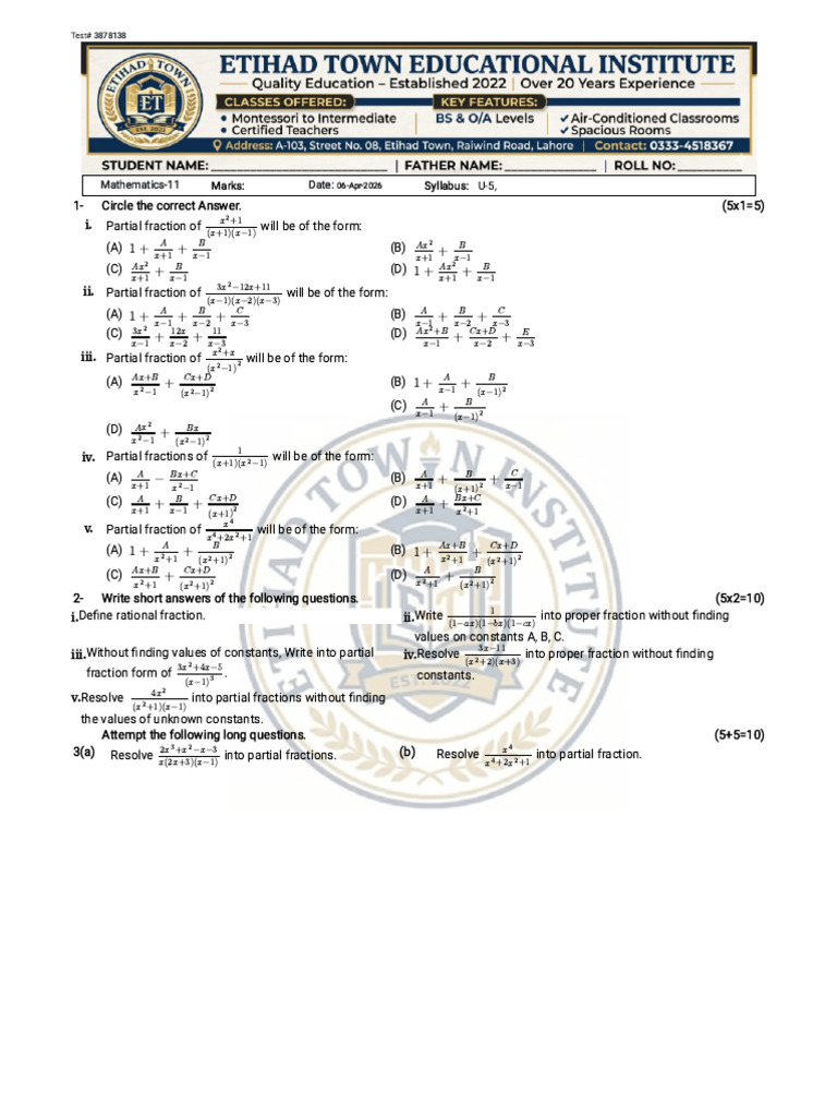 11th Class Math Ch 5 Test | PDF