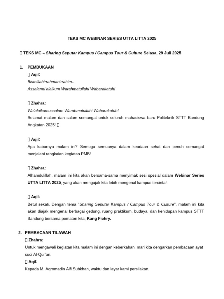 Teks MC Webinar Series Utta Litta 2025 | PDF