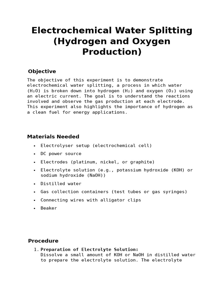 Electrochemical Water Splitting Report | PDF