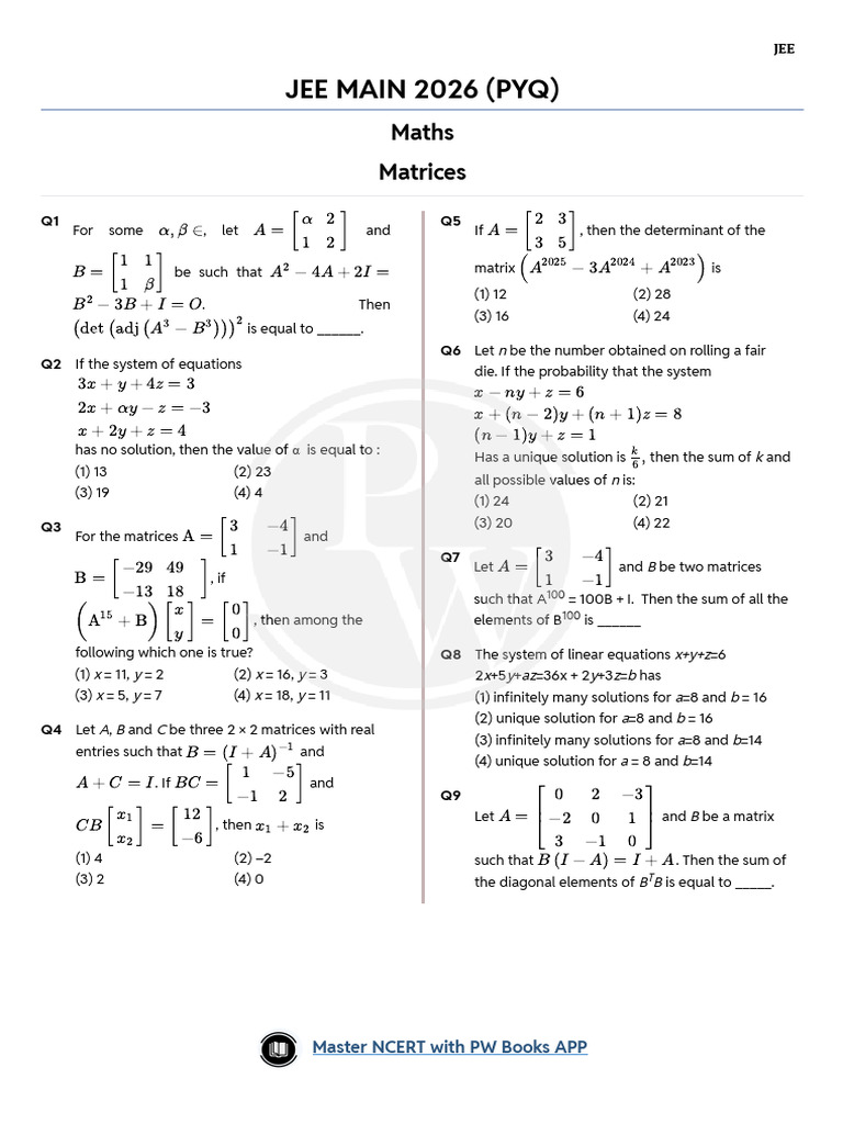JEE Main 2026 Qs Matrices | PDF