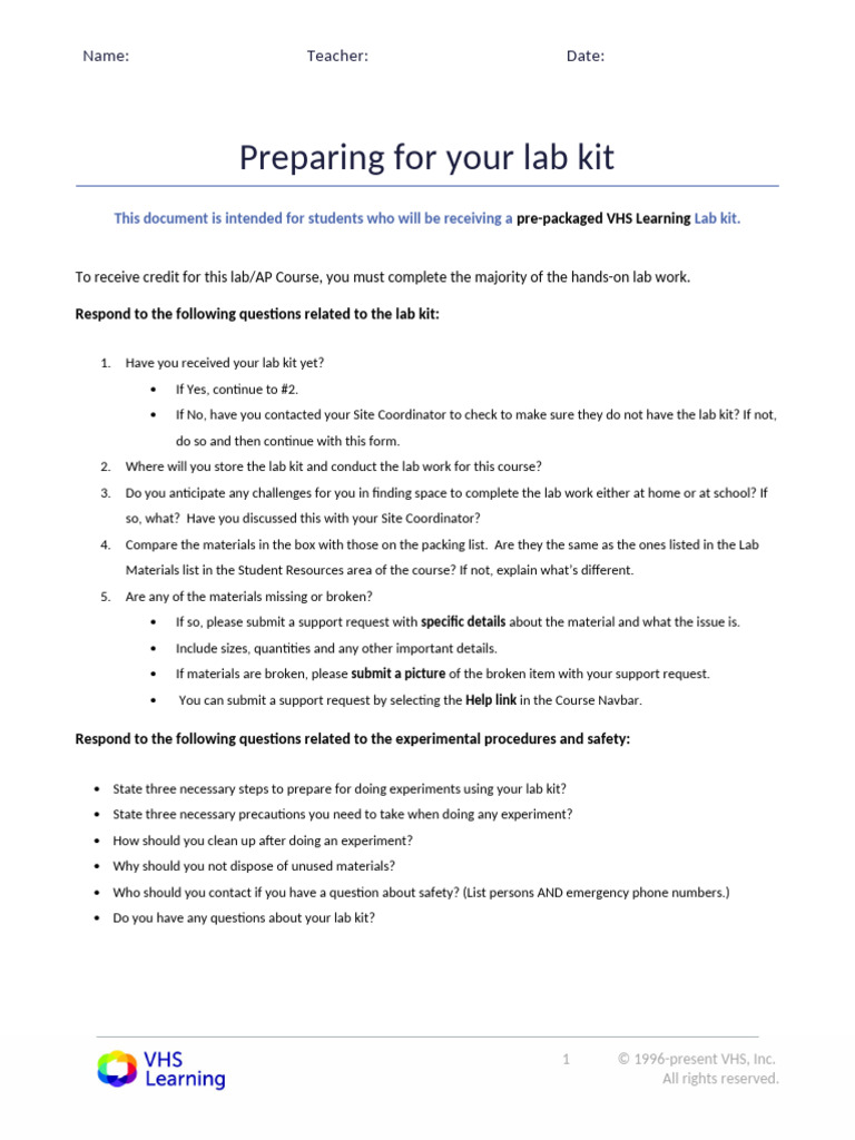 03 00 Preparing for Lab Kit Lesson VHSkits | PDF
