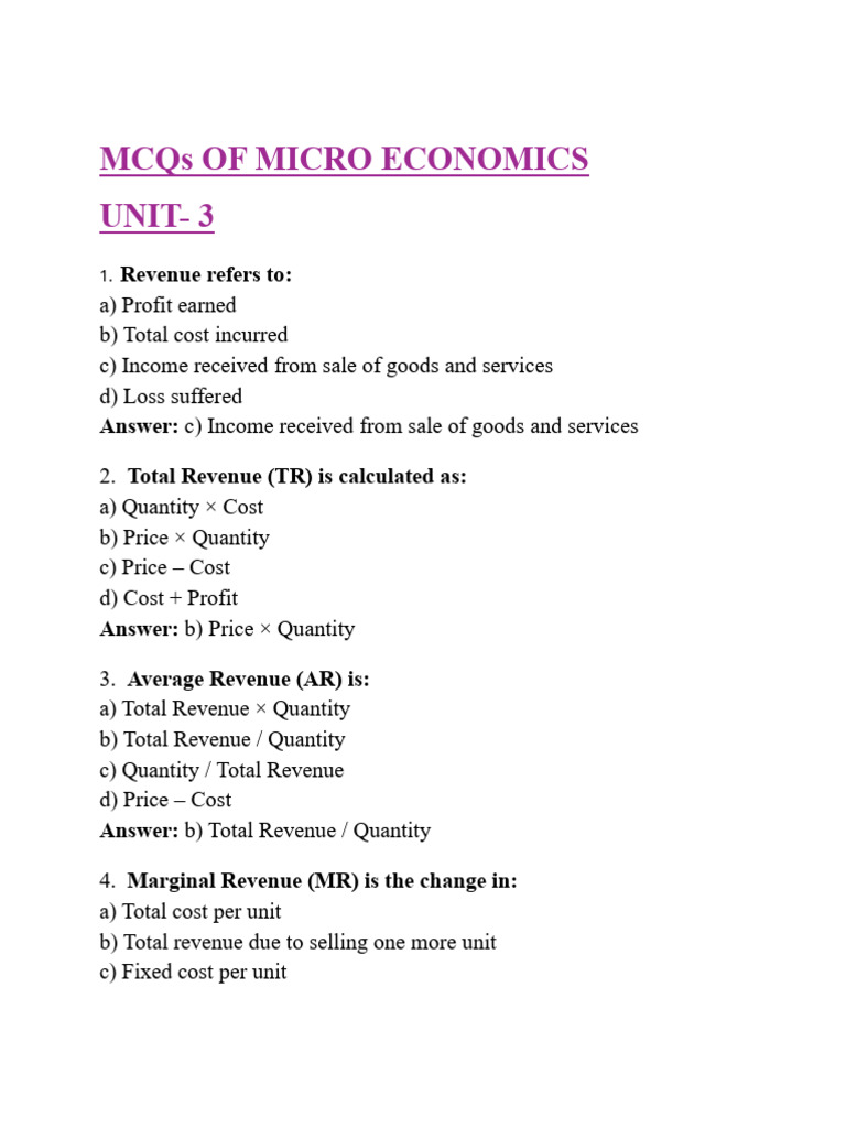 UNIT- 3 MCQs MICRO ECONOMICS | PDF