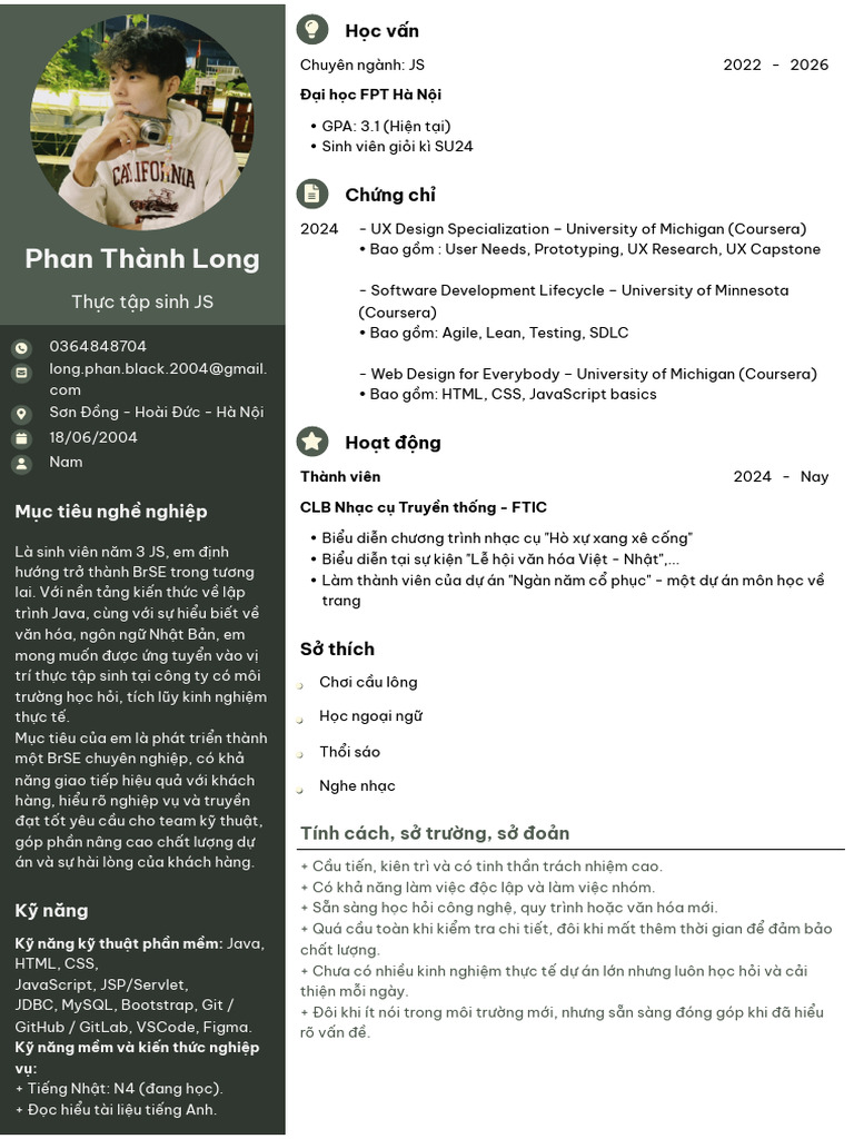 FPTU CV Intern Japanese Software - Phan Thanh Long | PDF