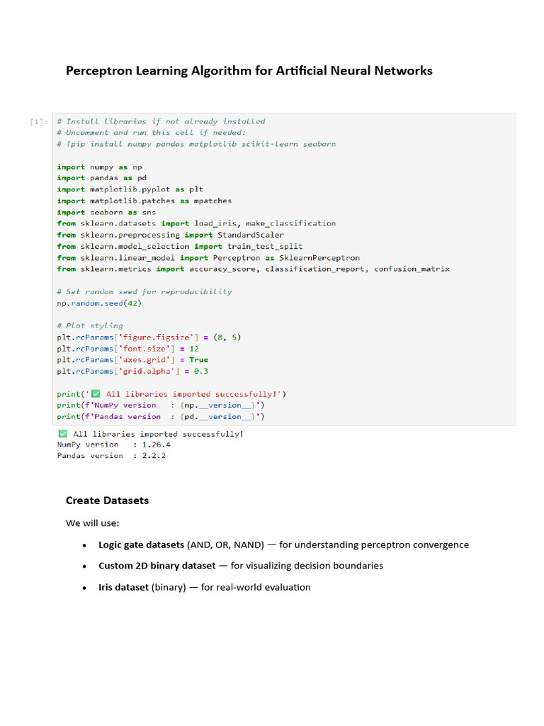Perceptron Learning Algorithm for Artificial Neural Networks | PDF