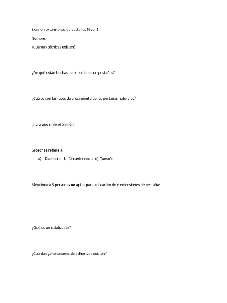 Examen Extensiones de Pestañas Nivel 1 | PDF