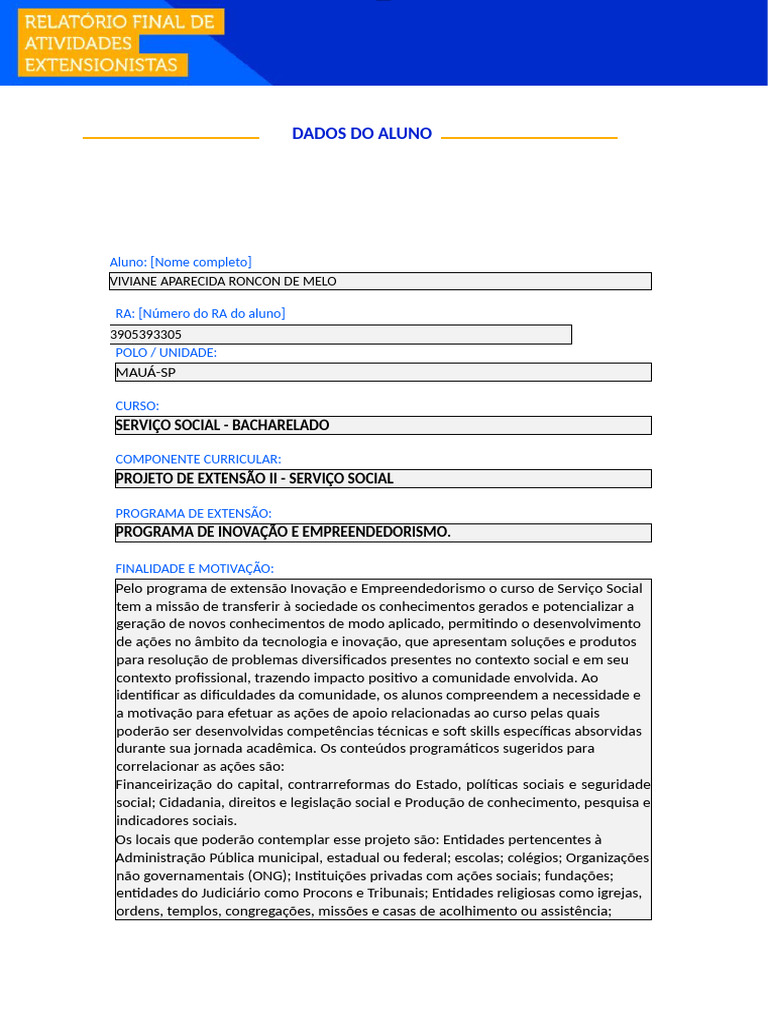 Projeto de Extensao II Impactos e Resultados em Servico Social | PDF