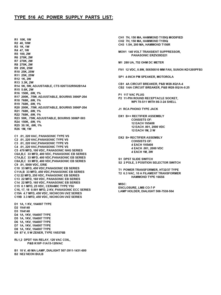 Ps 516 Parts List | PDF