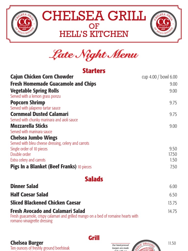 Late Night Menu Chelsee Grill | PDF | Salad | Hamburgers