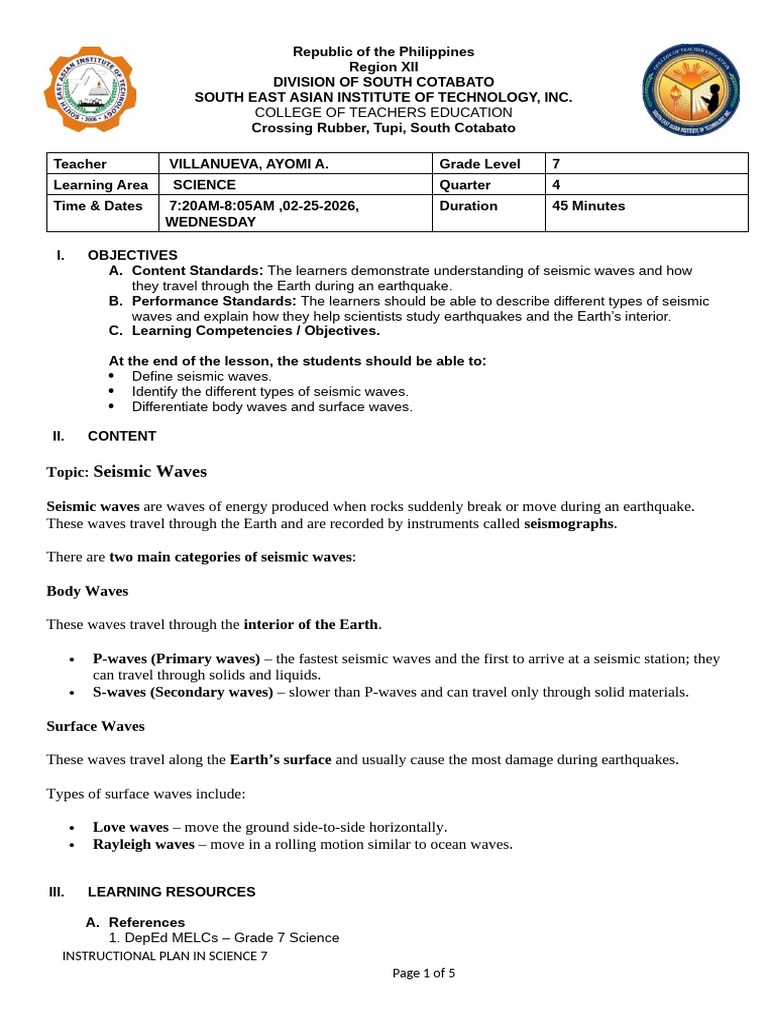 Lesson Plan for Seismic Waves | PDF