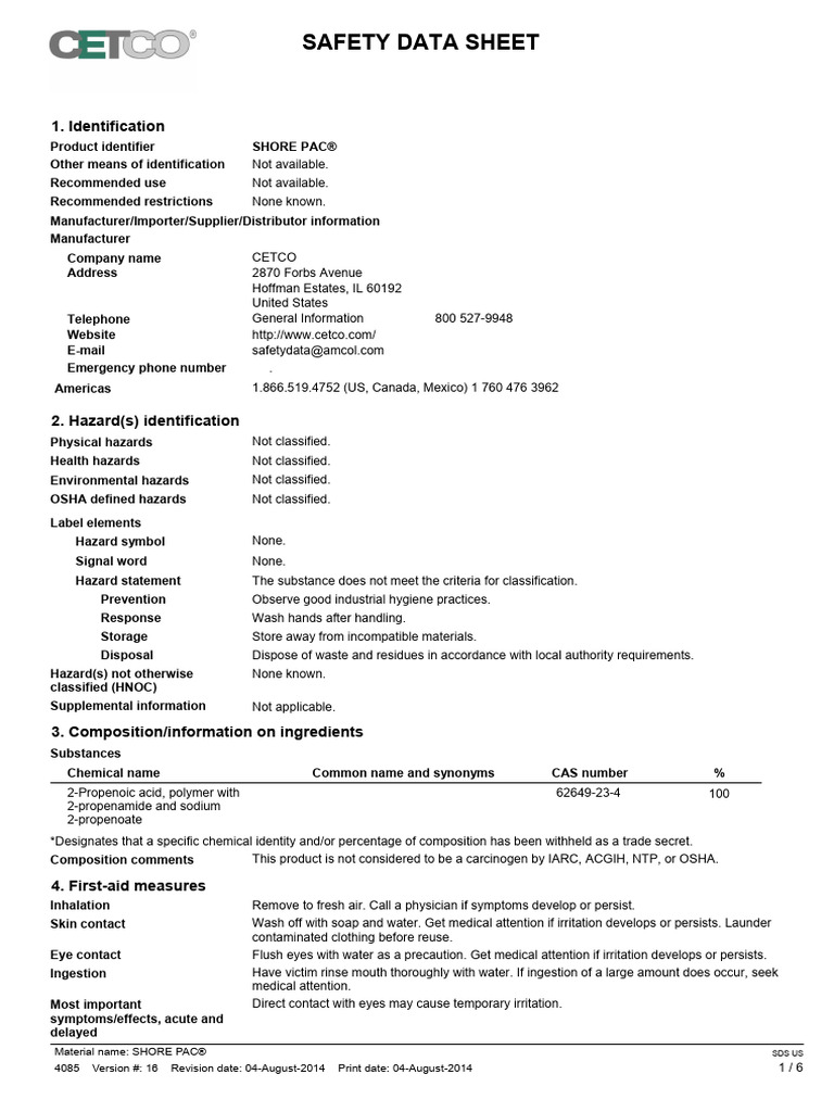 MSDS - Shore Pac | PDF | Dangerous Goods | Waste