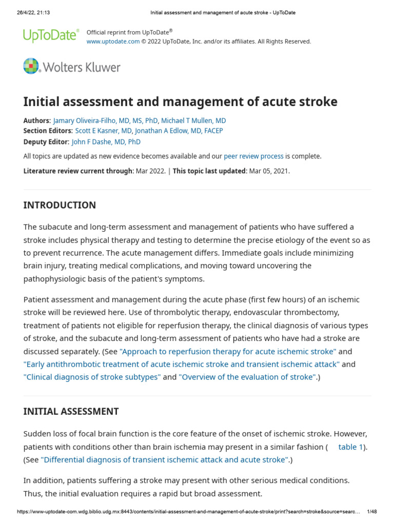 Initial Assessment and Management of Acute Stroke - UpToDate | PDF