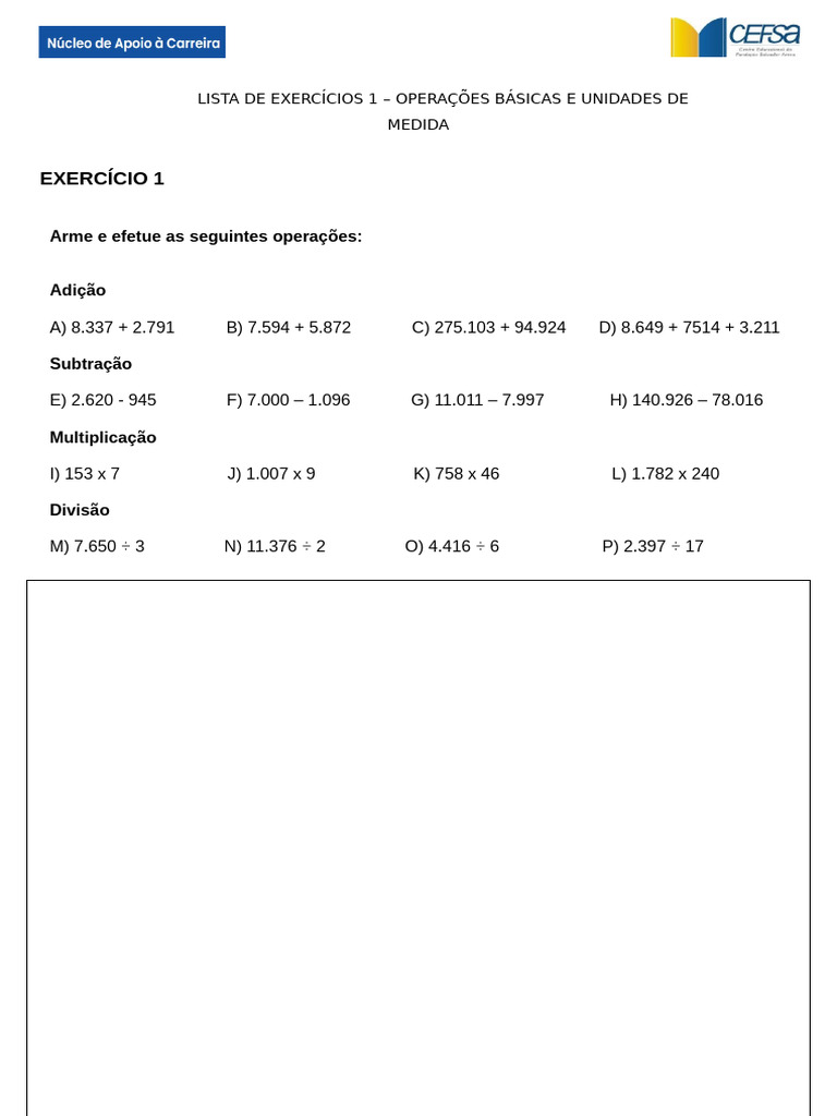 Lista de Exercícios 1 _ Operações Básicas e Unidades de Medida | PDF