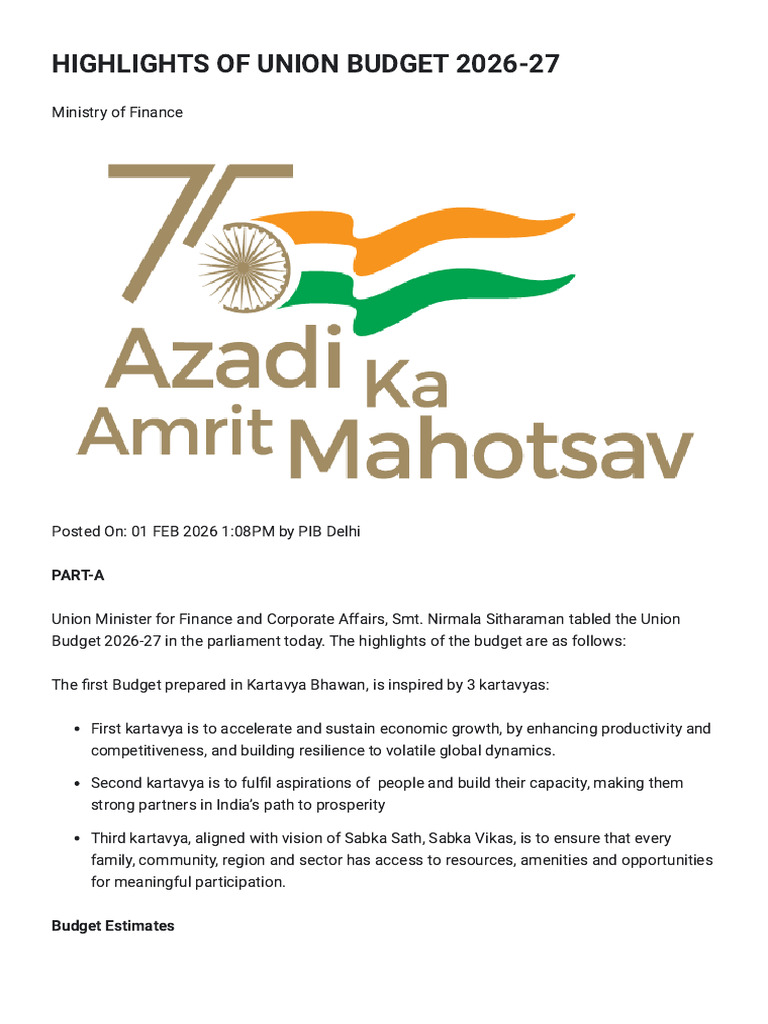 HIGHLIGHTS OF UNION BUDGET 2026-27 - Reading mode | PDF