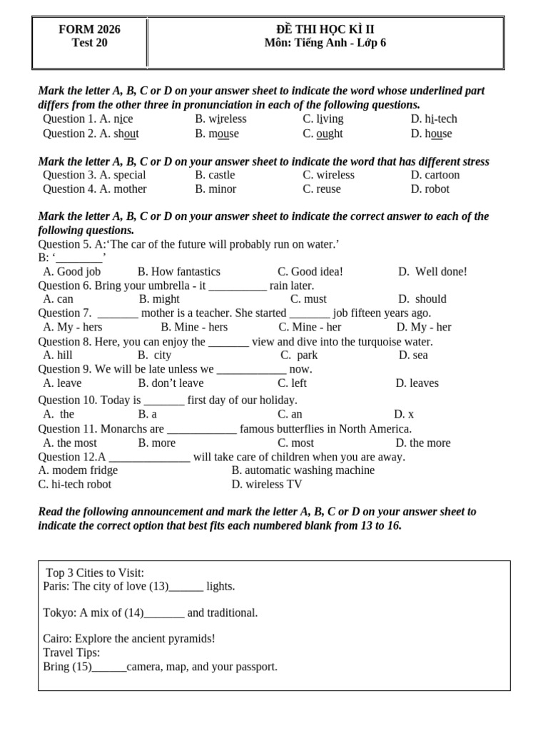20 de Thi Form 2026 Cuoi Hk2 Lop 6 | PDF