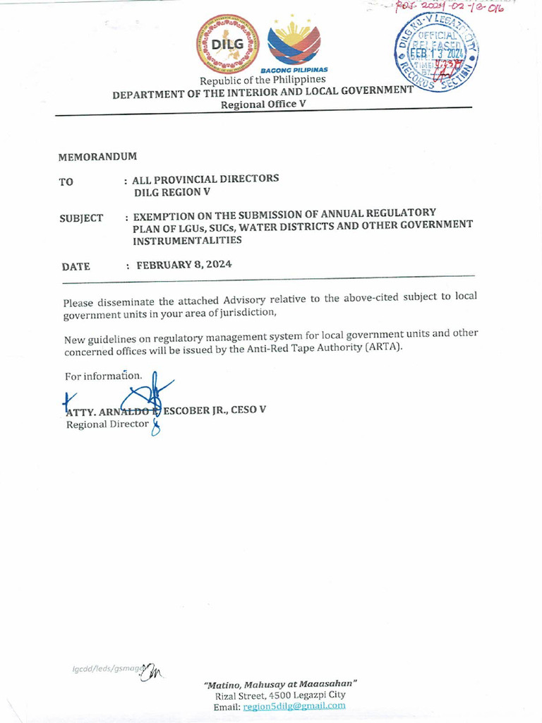 Dilg Memo Re Exemption on the Submission of Annual Regulatory Plan of ...