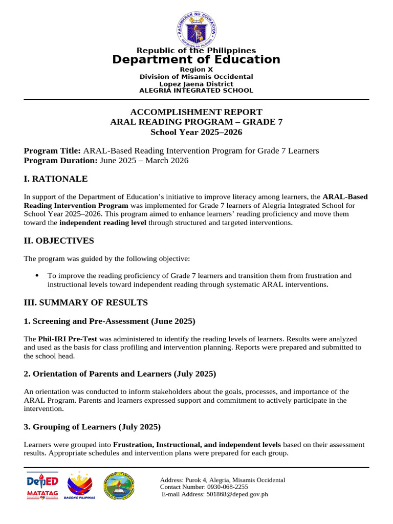 Accomplishment Aral Program | PDF | Reading Comprehension ...