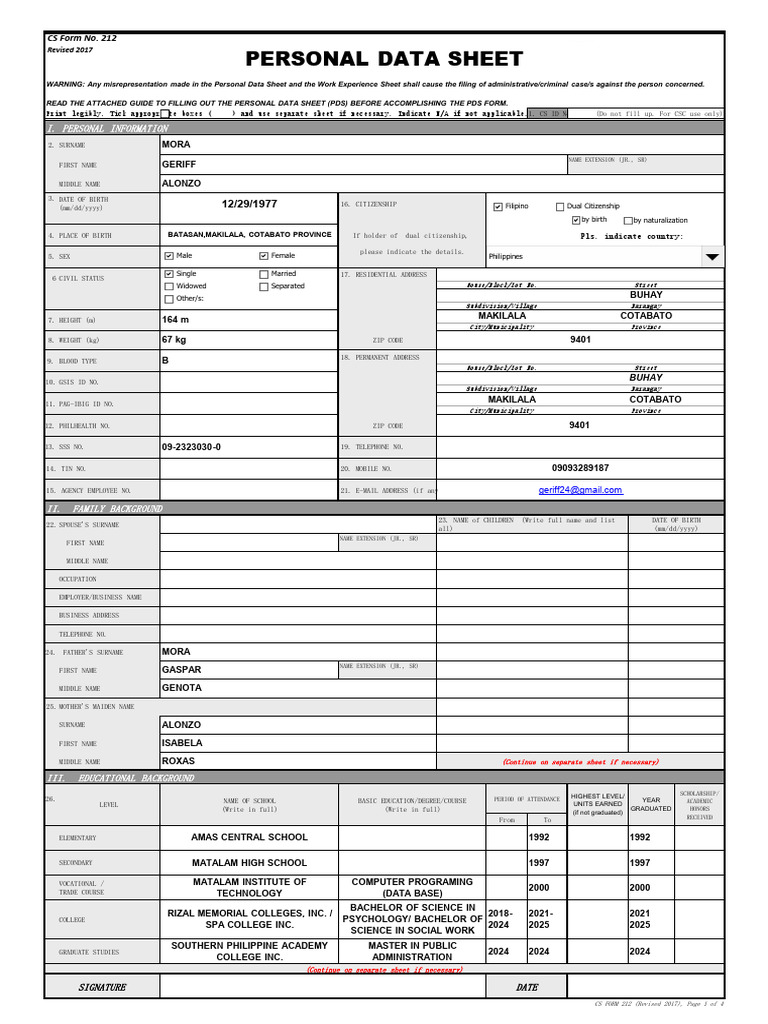 CS Form No. 212 Personal Data Sheet Revised (4) | PDF | Affidavit ...