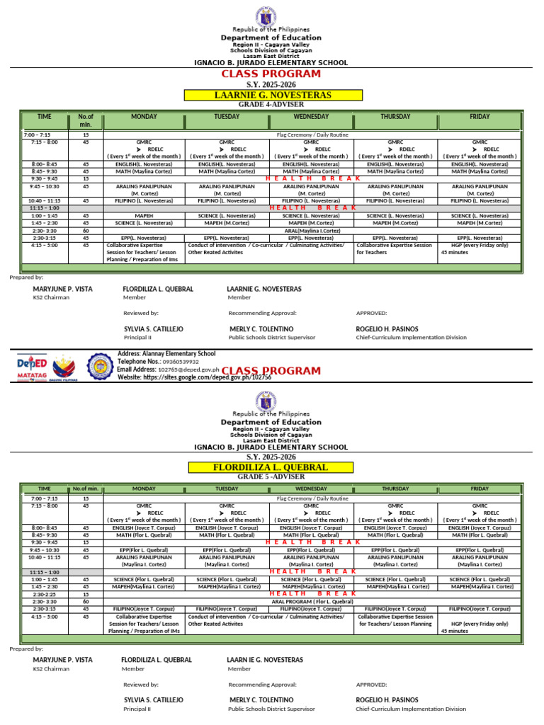 Class Program Grades 4 6 s.y.2025 2026 Aral Program 1 | PDF