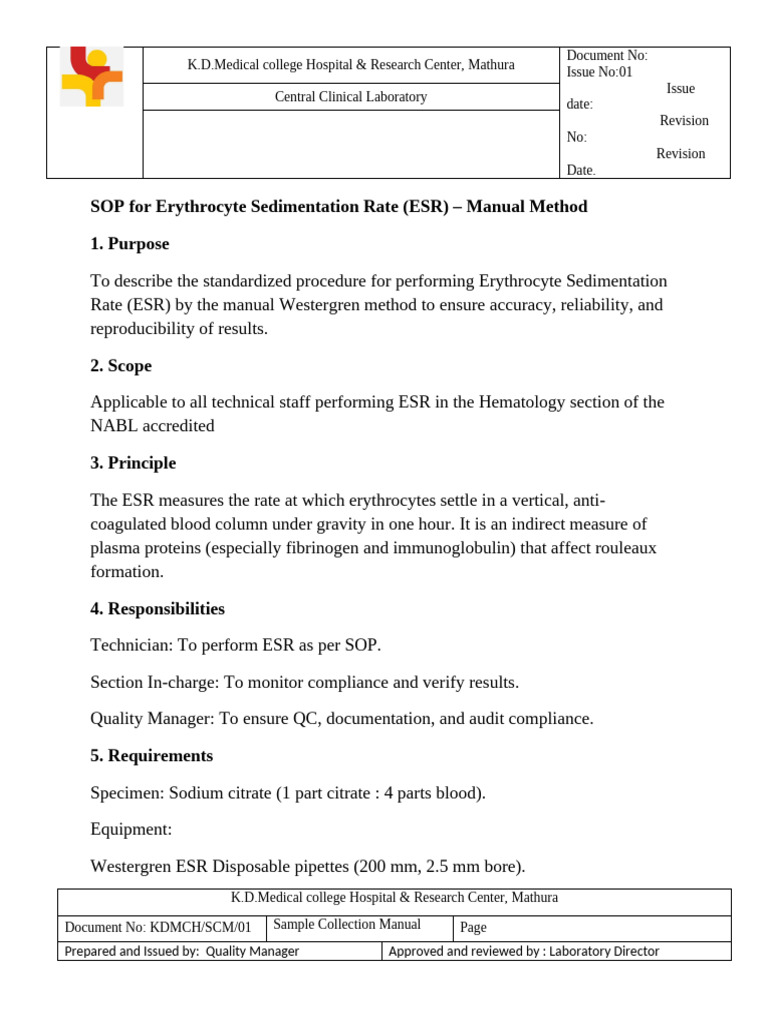 SOP for Erythrocyte Sedimentation Rate | PDF | Blood | Clinical Medicine