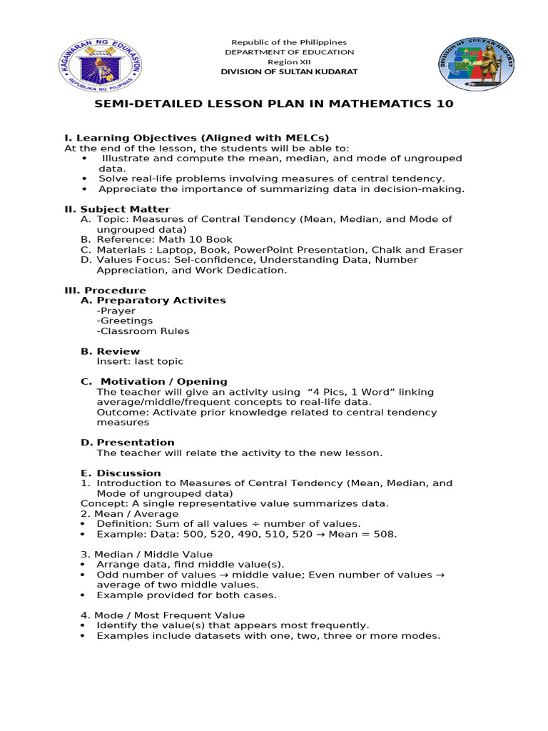 Semi-Detailed Lesson Plan in Math 10 | PDF | Mean | Mathematics