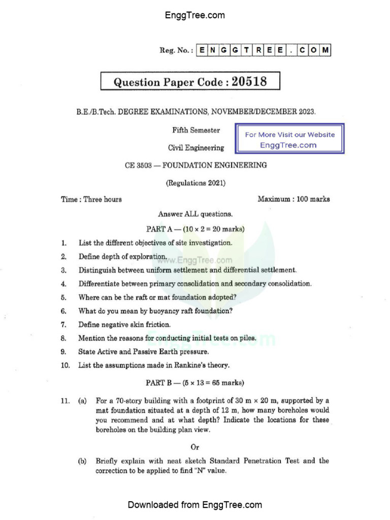 CE3503 Foundation Engineering Nov Dec 2023 Question Paper Download | PDF